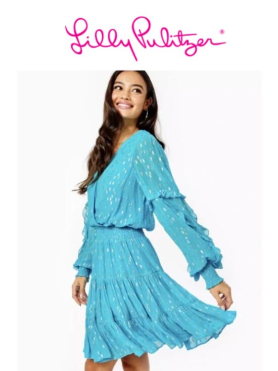 Lilly Pulitzer Dresses & Skirts - Lilly Pulitzer Turquoise Blue Long-Sleeve Tiered Smocked Dress size 8